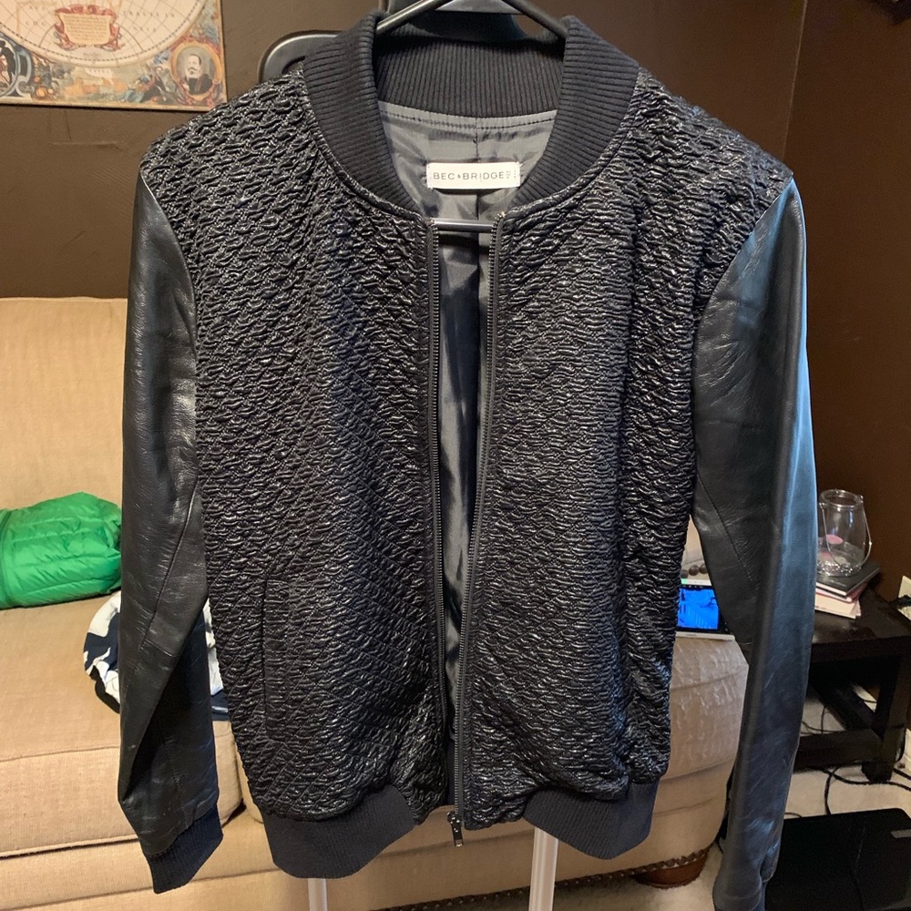 Black, leather sleeves, jacket